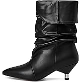 Fuazuzu Womens Slouchy Mid Calf Boots for Women Kitten Heel with Pointed Toe Pull On Boots Fall Booties