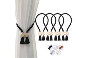 OCIOLI 4 Pack Strong Magnetic Curtain Tiebacks Curtain Holdbacks Outdoor Curtain Tiebacks Cotton Hand Woven Tie Backs Drapery Holdbacks Curtain Ties for Drapes (Black, 4)