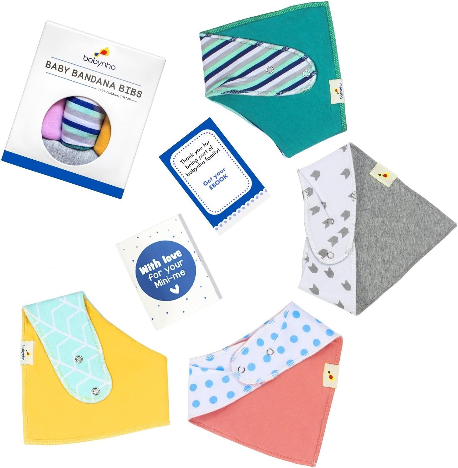 Baby Bandana Drool Bibs for Boys and Girls | Unisex 4-Pack Organic Cotton Drooling and Teething Bib Set, Reversible, Triple Layer, Soft and Absorbent + eBook by Babynho