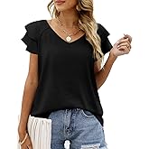 OFEEFAN Womens Summer Tops Ruffle Short Sleeve V Neck T-Shirts Casual Loose Fit