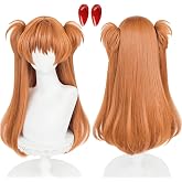 LABEAUT&Eacute; Adults Orange Pigtails Wig for Cosplay Costume + Hairpin Anime Long Straight Ginger Cosplay Wigs with Clip-on Ponytails for Halloween Party + Wig Cap