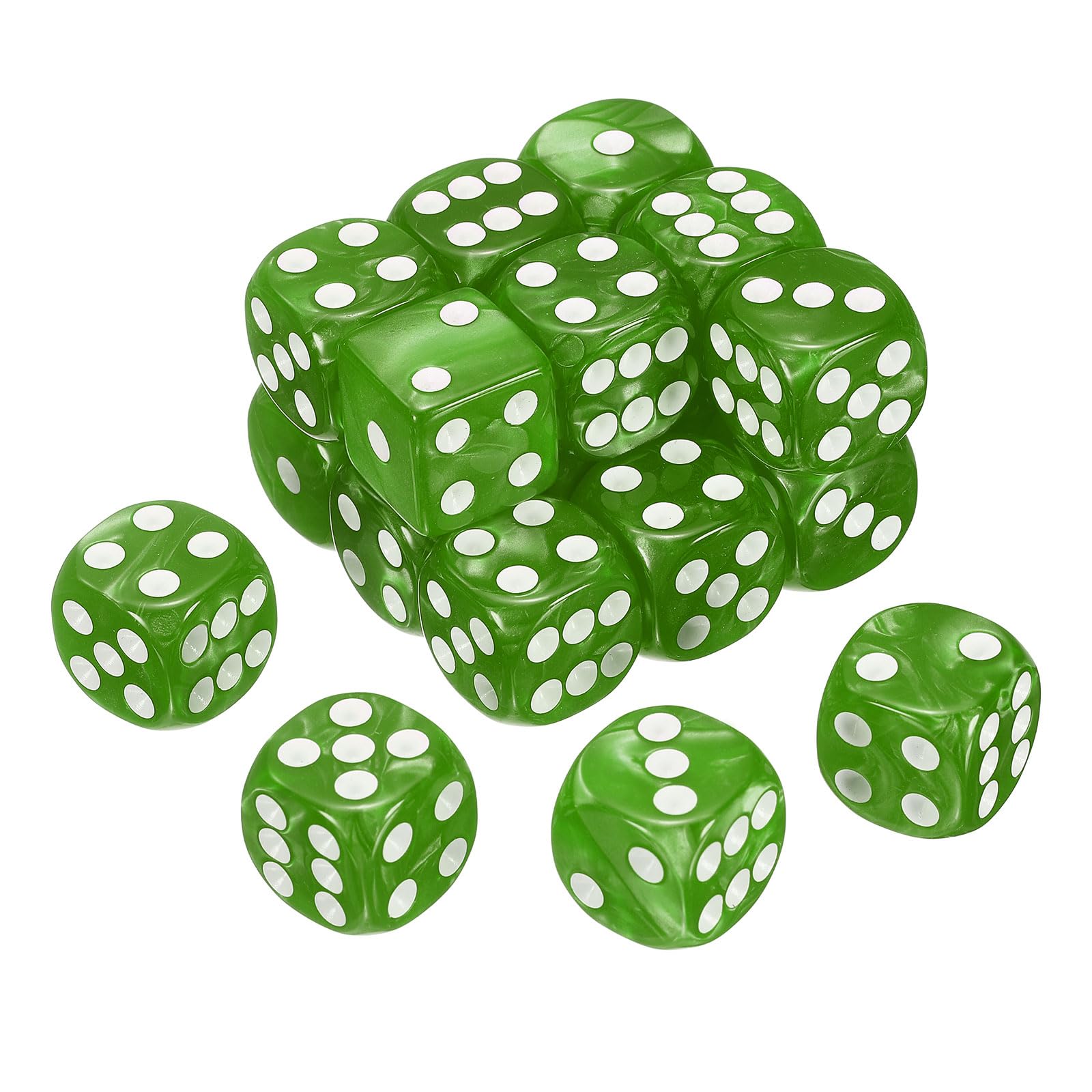 sourcing map 24Pcs 6 Sided Colored Standard Dice, 16mm Acrylic D6 Mini Polyhedral Pearl Pattern Game Dice Set for Table Games, Green/White Point
