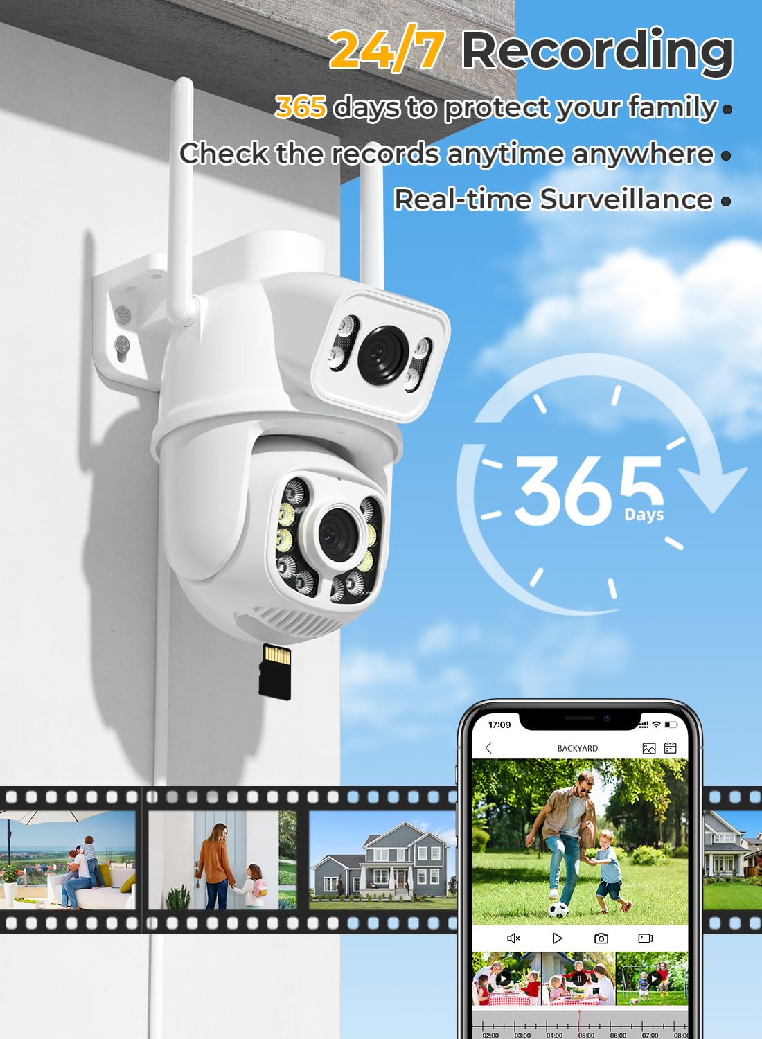 Outdoor Camera Wireless for Home Security, 2K/6MP Outside WiFi Cameras IP66 PTZ Outdoor Camera with Dual Lens, Auto Tracking,Human Detection,Color Night Vision,24/7 Record,Two-Way Audio,Support Alexa