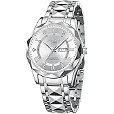 NIBOSI Men's Analog Quartz Watch with Day-Date, Diamond Markers, Stainless Steel, Water Resistant, Luminous, Classic Business Black Dial Two-Tone Gold Silver Strap