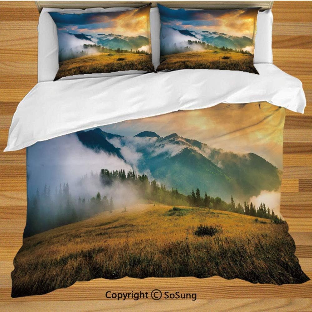 Landscape Bedding Duvet Cover Set,Rural Scenery Sunrise Misty Mountains