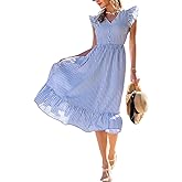CUPSHE Women's Summer Striped Sundress Flutter Sleeve V Neck Button Front Ruffle Midi Dress Flowy Beach Vacation Dresses