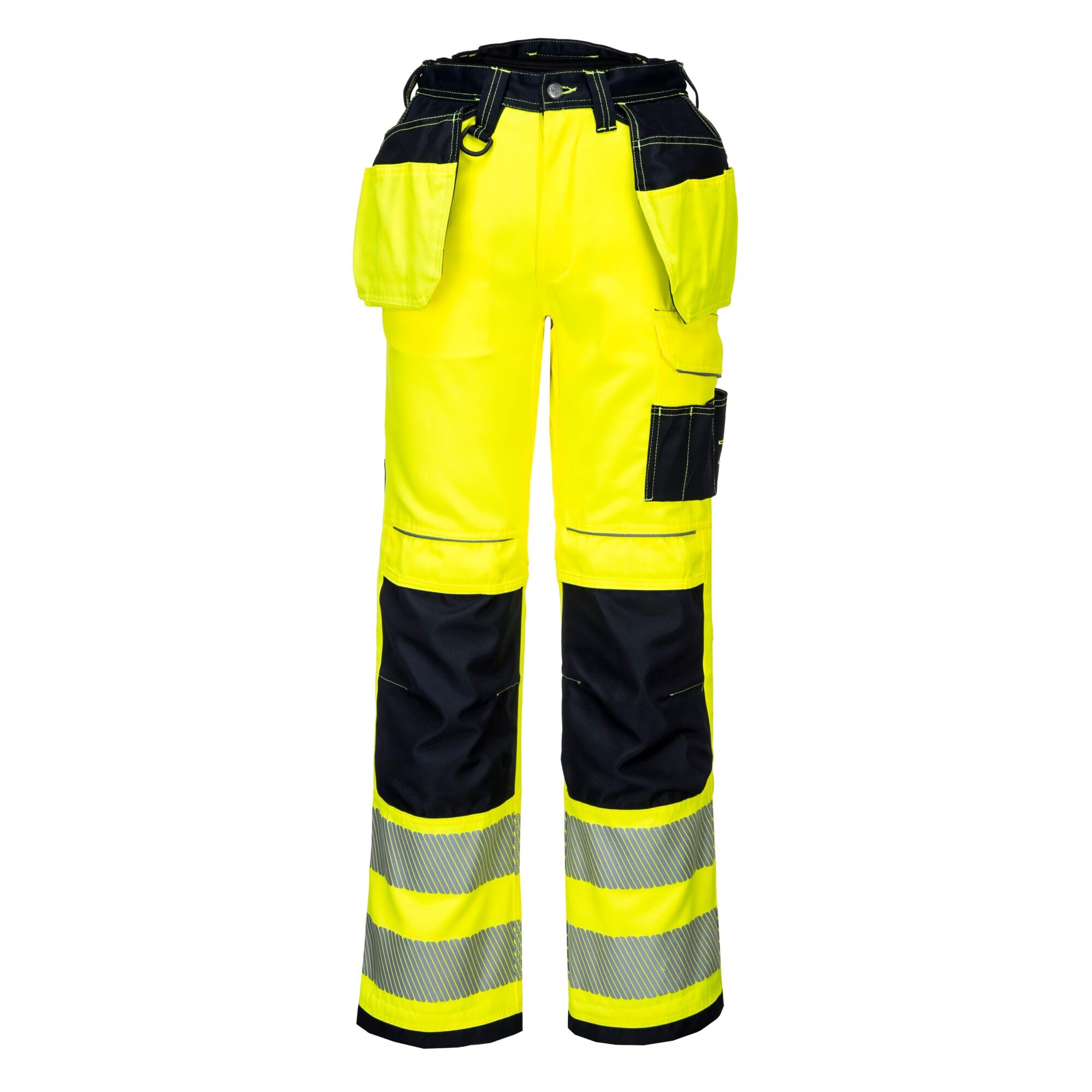 Portwest T501 Mens PW3 Hi Vis Work Trousers - Holster Pocket Workwear Safety Construction Trousers Yellow/Black Short, 36
