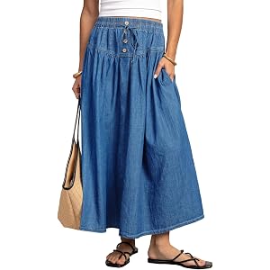 Flowyair Womens Drawstring High Waisted Denim Midi Skirts Casual A-Line Button Front Pleated Jean Long Skirts with Pockets