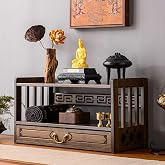 Gdrasuya10 Walnut Meditation Table Altar Table, Floor Table for Spiritual Low 2 Tier Japanese Tabl&eacute; Puja Tabl&eacute; with Drawer Zen Style Storage Cabinet Bamboo Coffee Tabl&eacute; for Displaying Jars Books