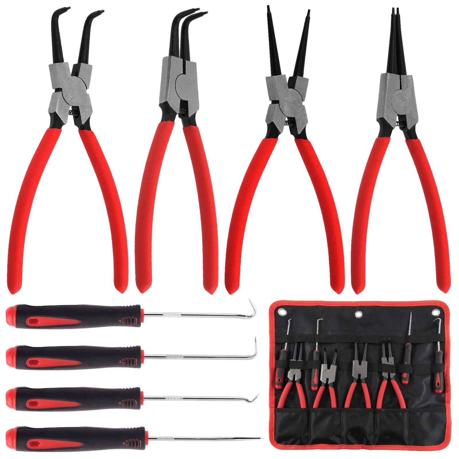Keadic 8 Pcs 9" Heavy Duty External Snap Ring Pliers and Precision Hooks Set with Storage Bag, Circlip Pliers Set with Straight/Bent Jaw for Car Ring Hose Remover
