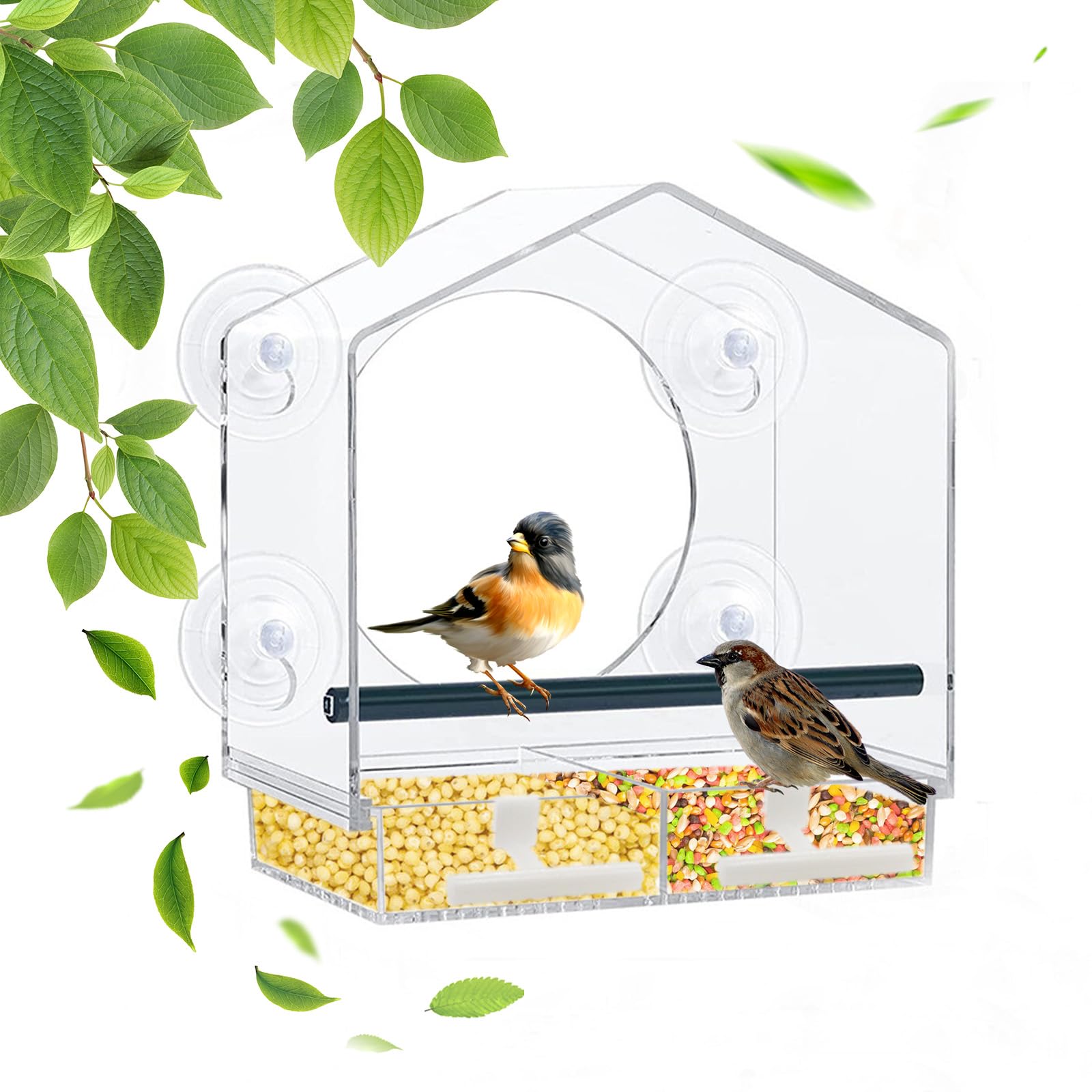 Window Bird Feeder with Strong Suction Cups Acrylic Wild Bird Feeder House Hanging Bird Feeder Bird Seed Feeders with Drain Holes for Wild Bird, Small Bird