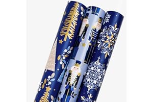 MAYPLUSS Nutcracker Christmas Gift Wrapping Paper - 17 In x 120 In Per Roll - Reversible Magic Navy Nutcracker, Midnight Snowflake, Tree Design Seasonal Gift Wrap Paper for Holiday, Christmas Ornament