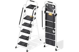 KINGRACK Folding 5-Step Ladder, 800 lbs Capacity Step Stool with Safety Lock, Tool Tray, Non-Skid Wide Steps, Handrail, Household Folding Ladder for Home, Garden, Painting, Outdoor, and Garage, White