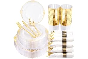 Hioasis 350pcs Clear Gold Plastic Plates - Gold Plastic Dinnerware Set Includes: 50 10.25”Dinner Plates,50 7.5” Dessert Plates, 50 Cups, 50 Rolled Napkin Cutlery Perfect for Wedding & Party