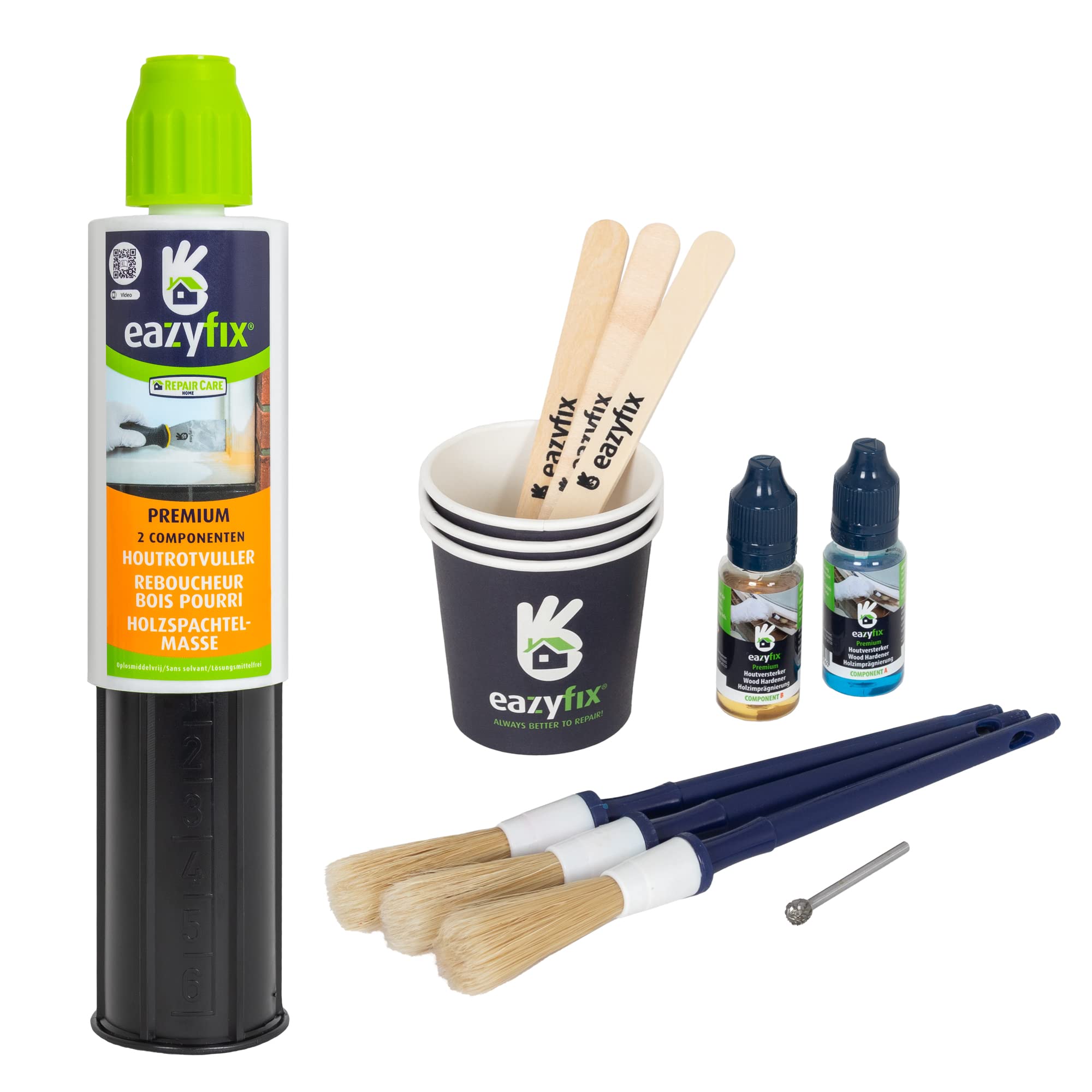 EAZYFIX Premium Wood Filler Repair Kit – Wood Rot Standard Set – 1x Filler, 1x Hardener, 1x Rot Cutter, 3x Cups, 3x Brushes, 3x Wooden Sticks