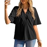 Cicy Bell Womens Summer Blouses Bell Short Sleeve V Neck Babydoll Flowy Tops Dressy Casual Loose Fit Beach Pleated Shirts