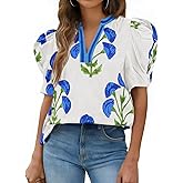 Cicy Bell Womens Summer Puff Sleeve Blouses Casual Dressy V Neck Color Block Tops Loose Fit Boho Floral Printed Tee Shirts