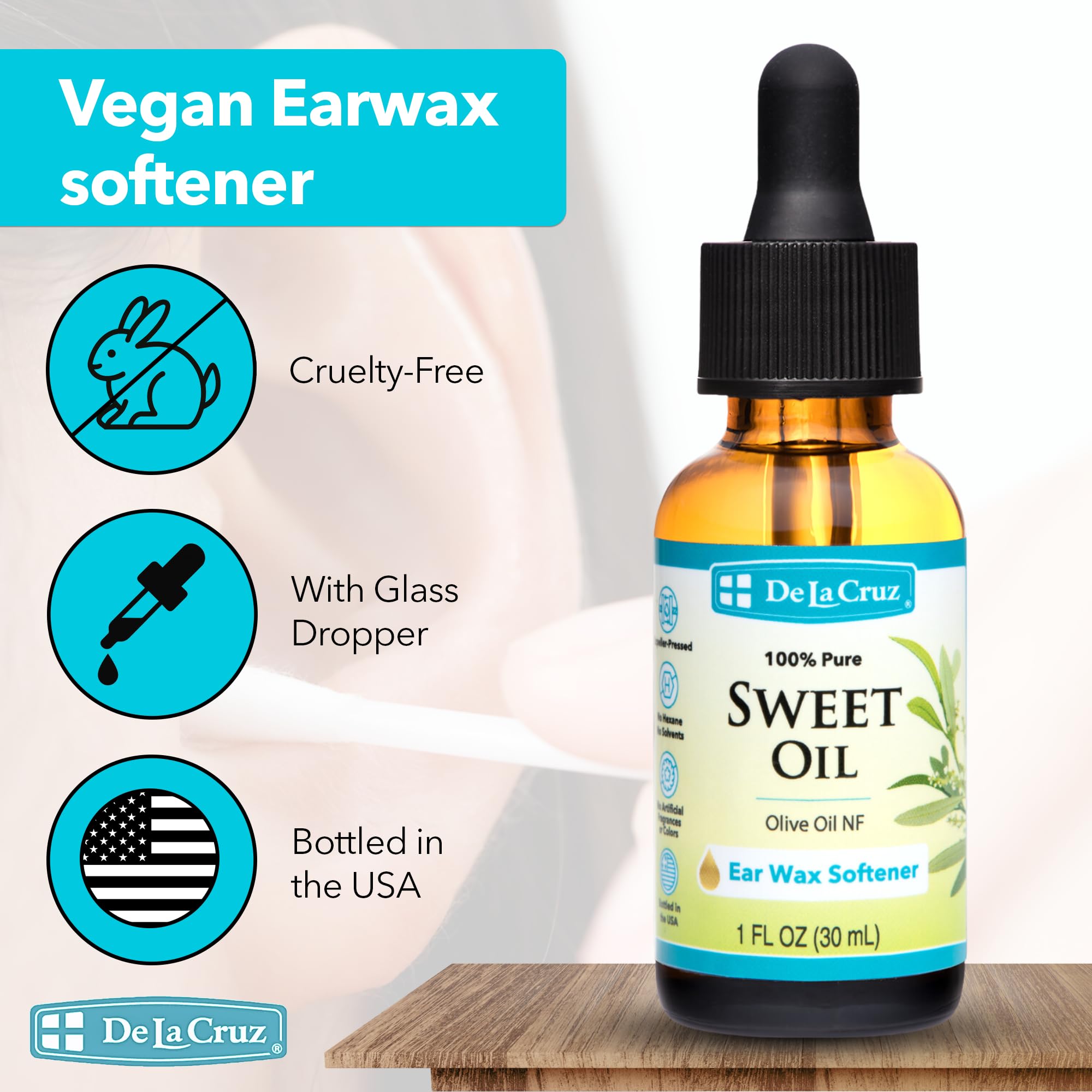 De La Cruz 100% Pure Sweet Oil for Ears with Glass Dropper - All Natural and Gentle Ear Wax Removal - 1 Fl OZ