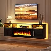 LEMBERI Floating Fireplace TV Stand 70'' Wall Mounted Shelf, LED Light Entertainment Center and Storage, Modern Wood Media TV Console with Highlight Cabinet for Living Room (Black)