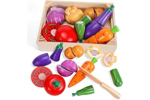 WHOHOLL Play Food Sensory Toys for Toddlers 1-3, Wooden Cutting Food Toys Food Set for Kids Kitchen Accessories, Fake Vegetable Set, Montessori Color Sorting Toys for Girls Boys Birthday Gift