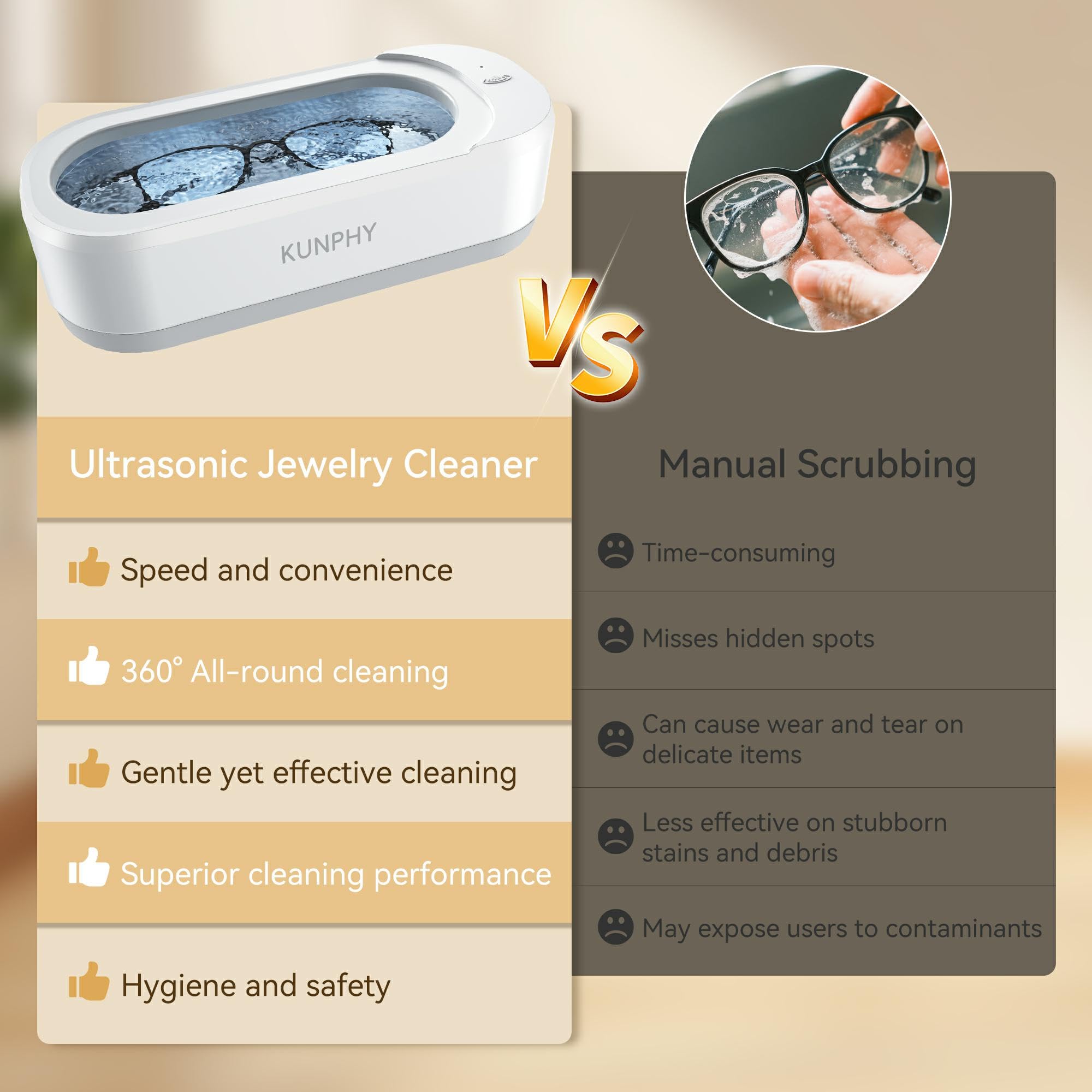 kunphy KUNPHY Ultrasonic Jewelry Cleaner, Jewelry Cleaner Machine 12oz 46KHz, Professional Sonic Cleaner with One-Touch Operation, Sonic Cleaner for Rings, Glasses, Jewelry, Dentures White