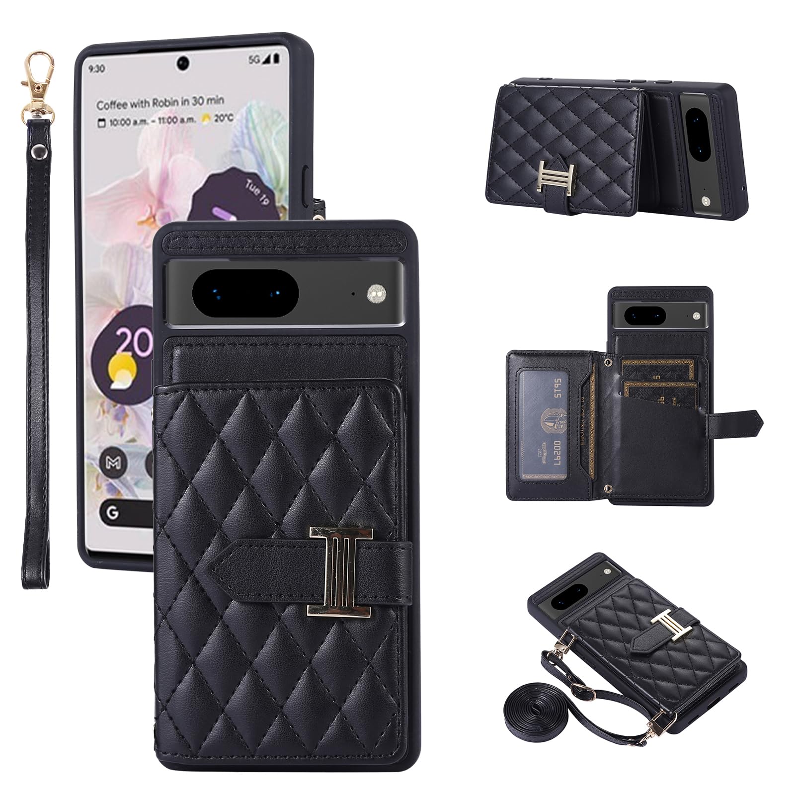 ELISORLI Phone Case For Google Pixel 7 5G Wallet Cover with Crossbody Shoulder Strap and Leather Credit Card Holder Flip Purse Lanyard Stand Cell Accessories Pixel7 Pixle Seven 6.3 Girls Women Black