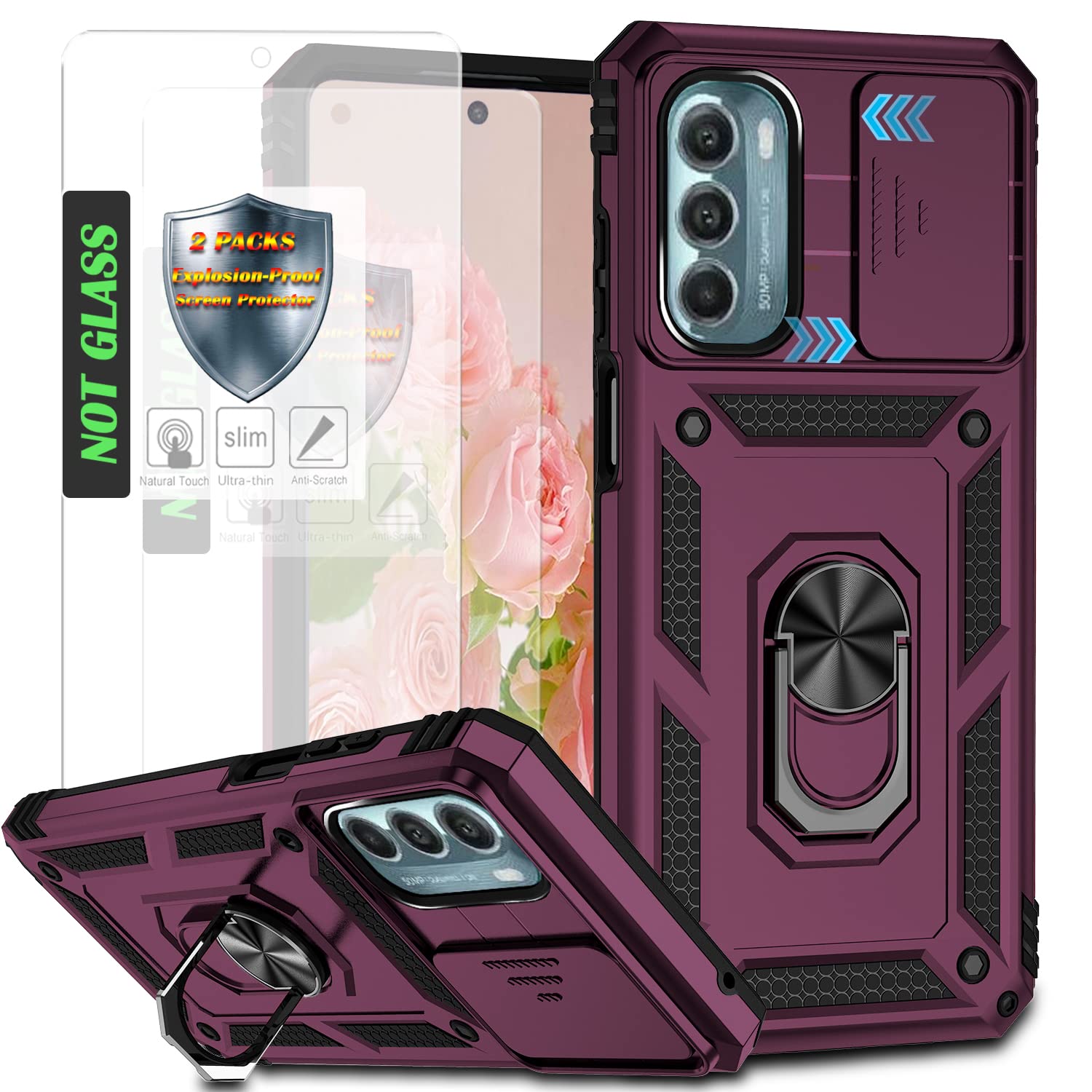 AYMECL for Moto G Stylus 5G Case,Moto G Stylus 5G Case 2022 with 2 Pcs Explosion-Proof Film,Slide Camera Cover Protective Case with Magnetic Ring Kickstand for Motorola Moto G Stylus 5G 2022,Wine Red