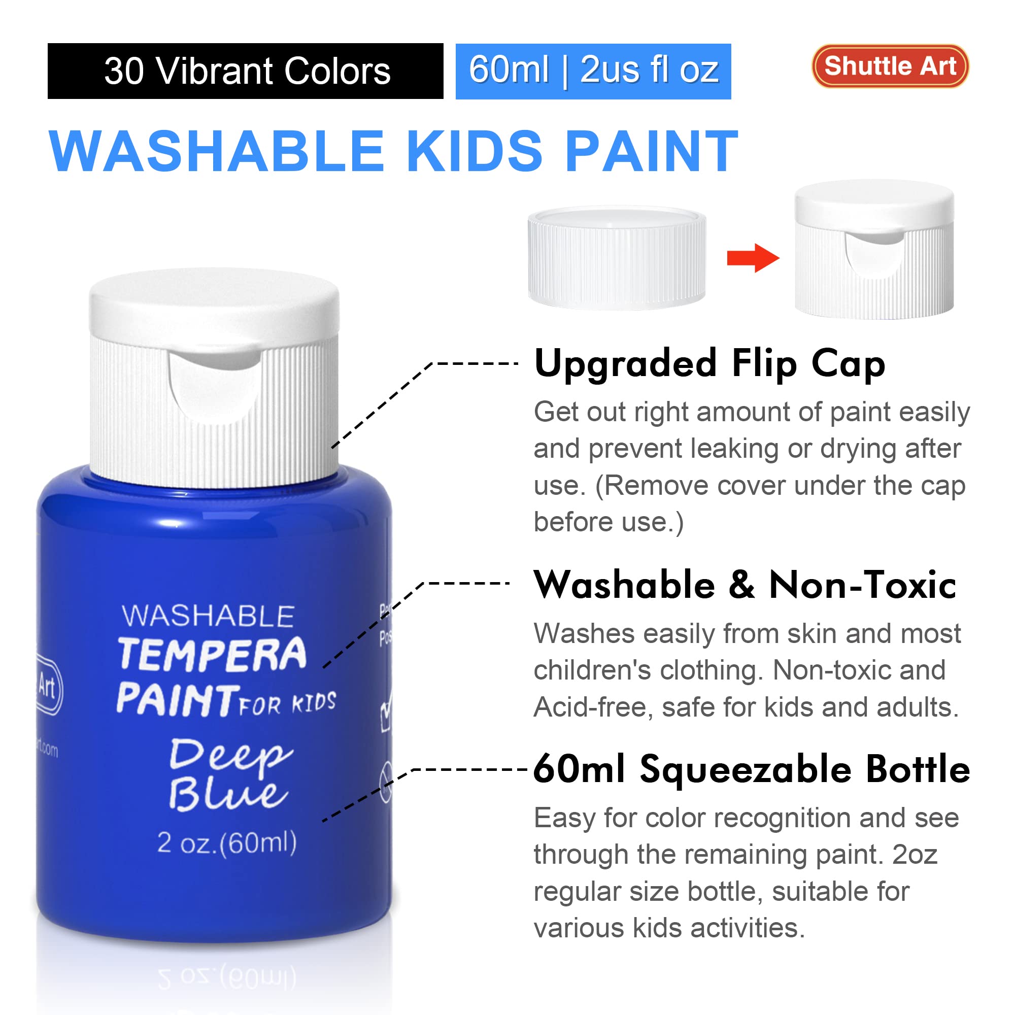 Shuttle Art Tempera Paint, 30 Colors Washable Paint for Kids, 2oz/60ml Bottle, Non-toxic for Toddlers with Glitter Metallic Neon Colors, For Art, Crafts and School Projects