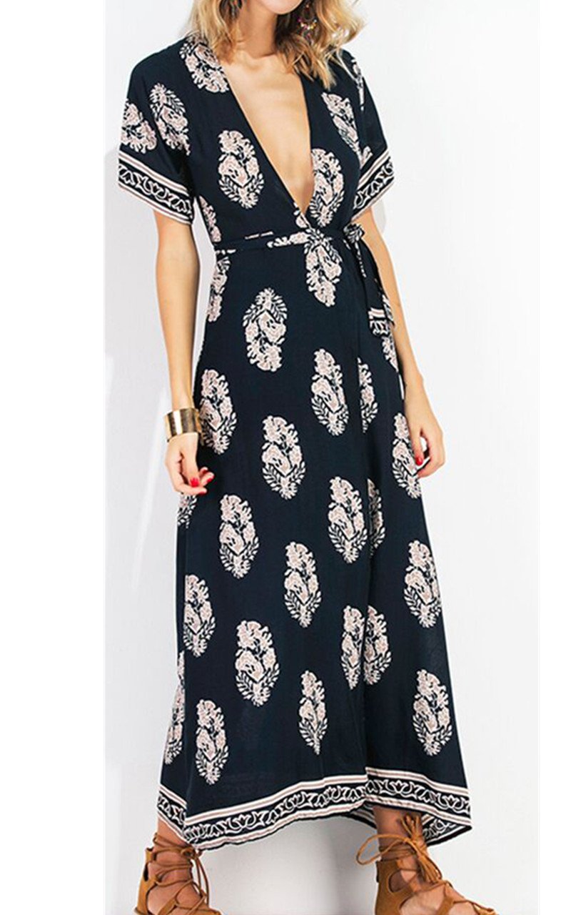 CHIC DIARY Robe Longue d\'Été Col V Profond Dos Nu Fourche d\'Avant pour Femme Fille(L)