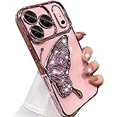 Changjia for iPhone 17 Pro Glitter 3D Butterfly Case, Cute Luxury Bling Sparkle Liquid Flowing Clear Case with Camera Lens Protector Plating Bumper Women Girls Phone Cover for iPhone 17 Pro 6.3", Pink