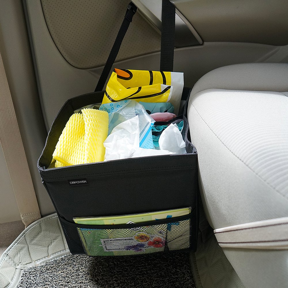 DBPOWER Waterproof Portable Car Trash Can with Side Pockets, Leakproof Drive Garbage Bin With Inner Heat Preservation Bag