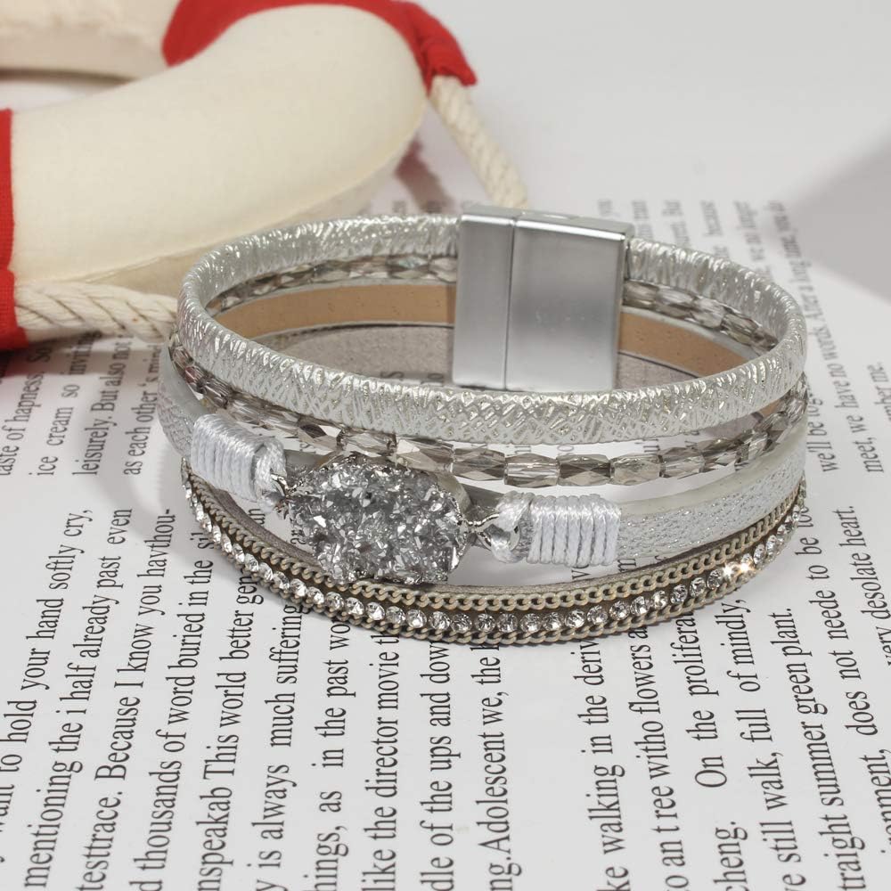 Leather Wrap Bracelet Boho Cuff Bracelets Crystal Bead Bracelet with Magnetic Clasp for Women Handmade Layered Bracelet for Teen Girls(7.7", Silver): Clothing