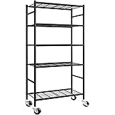 Sakugi Storage Shelves Organizer - 5 Tier Metal Shelf Organizer with Metal Wheels and Adjustable Leveling Feet, Heavy Duty Garage Shelving for Kitchen, Pantry and Closet, 33.1"x12.6"x73.5", Black