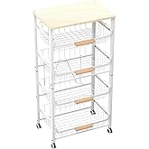 NiuYichee 5-Layer Fruit Basket Kitchen Food Storage Organizer and Storage Rack, Stackable Storage cart with Desktop, Pull-Out Hollow Metal Storage Basket, Wheeled Sorting Rack Spice Rack