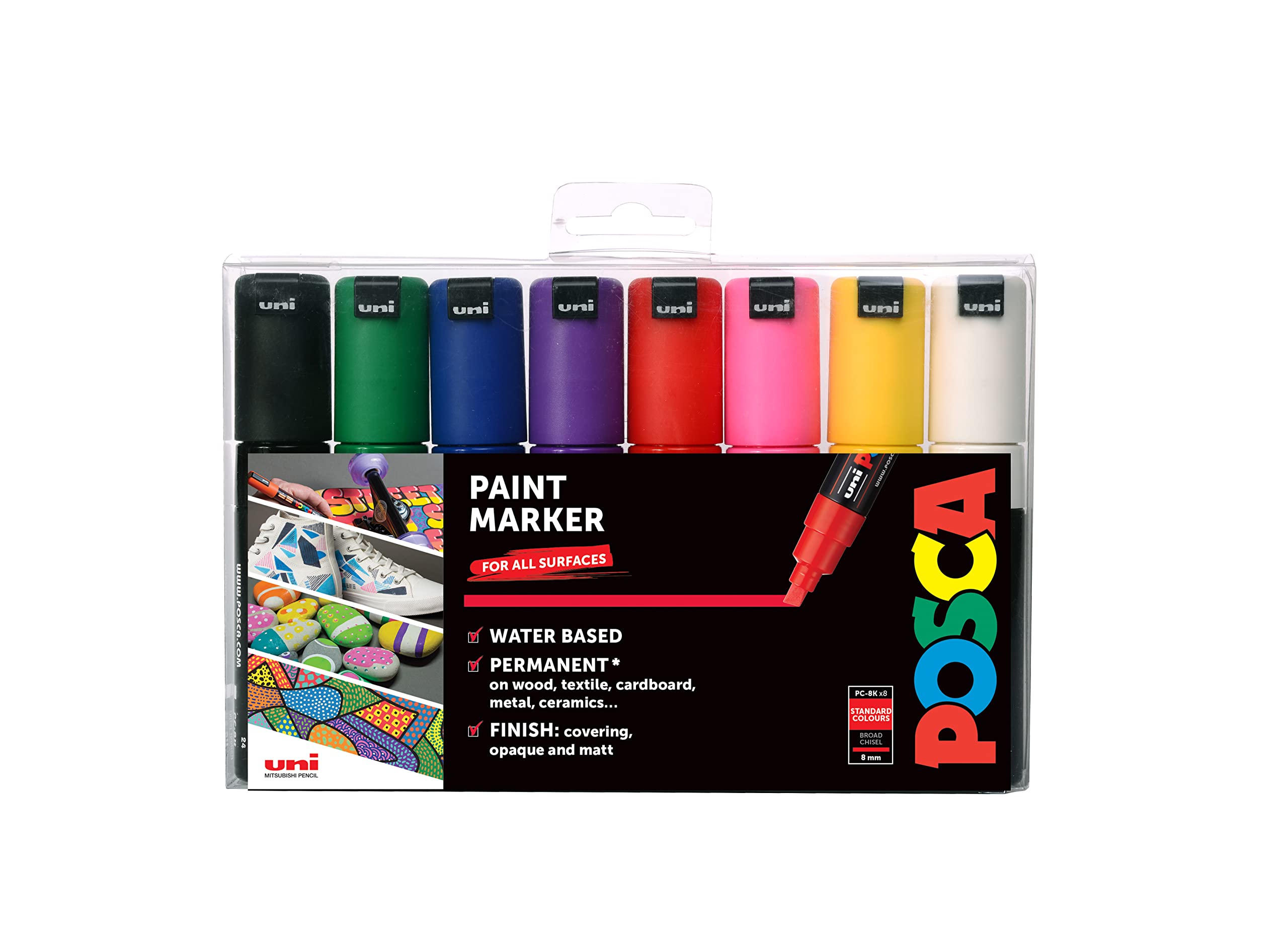 POSCA PC-8K Permanent Marker Paint Pens. Chisel Tip for Art & Crafts. Multi Surface Use On Wood Metal Paper Canvas Cardboard Glass Fabric Ceramic Rock Pebble Stone Porcelain. Set of 8 Standard Colours