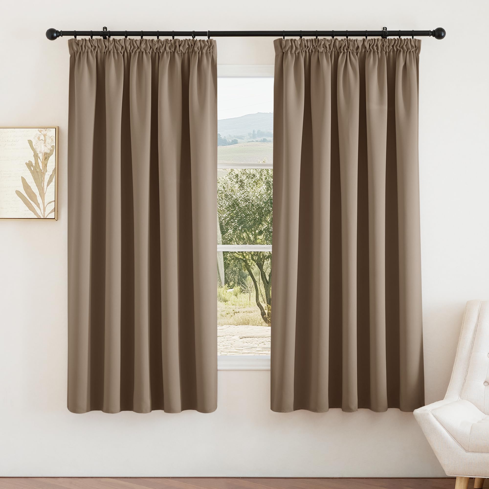 PONY DANCE Blackout Thermal Curtains for Bedroom - Plain Room Darkening Bedroom Pencil Pleat Curtains for Nursery Energy Saving Drapes for Living Room, 2 Panels, W66 X L72, Cappuccino — image 1