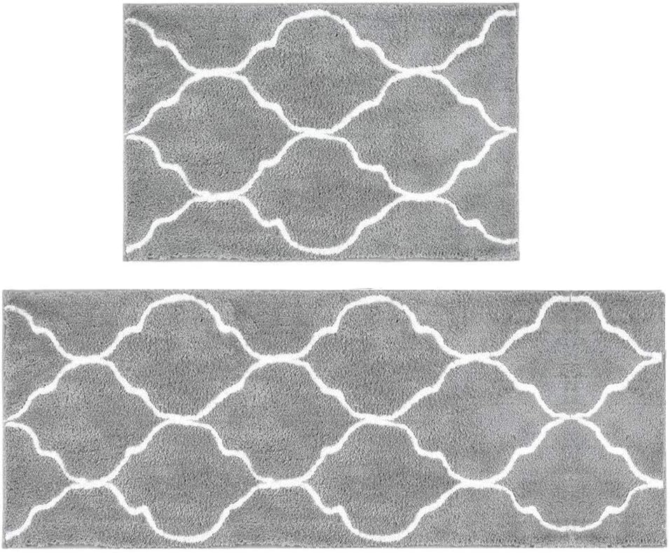 HEBE Microfiber Bath Rug Set 2 Piece Non Slip Absorbent Bath Mats Runner Set for Bathroom Shaggy Bathroom Rug Runner Machine Washable (26"x18"+48"x18", Grey): Kitchen & Dining