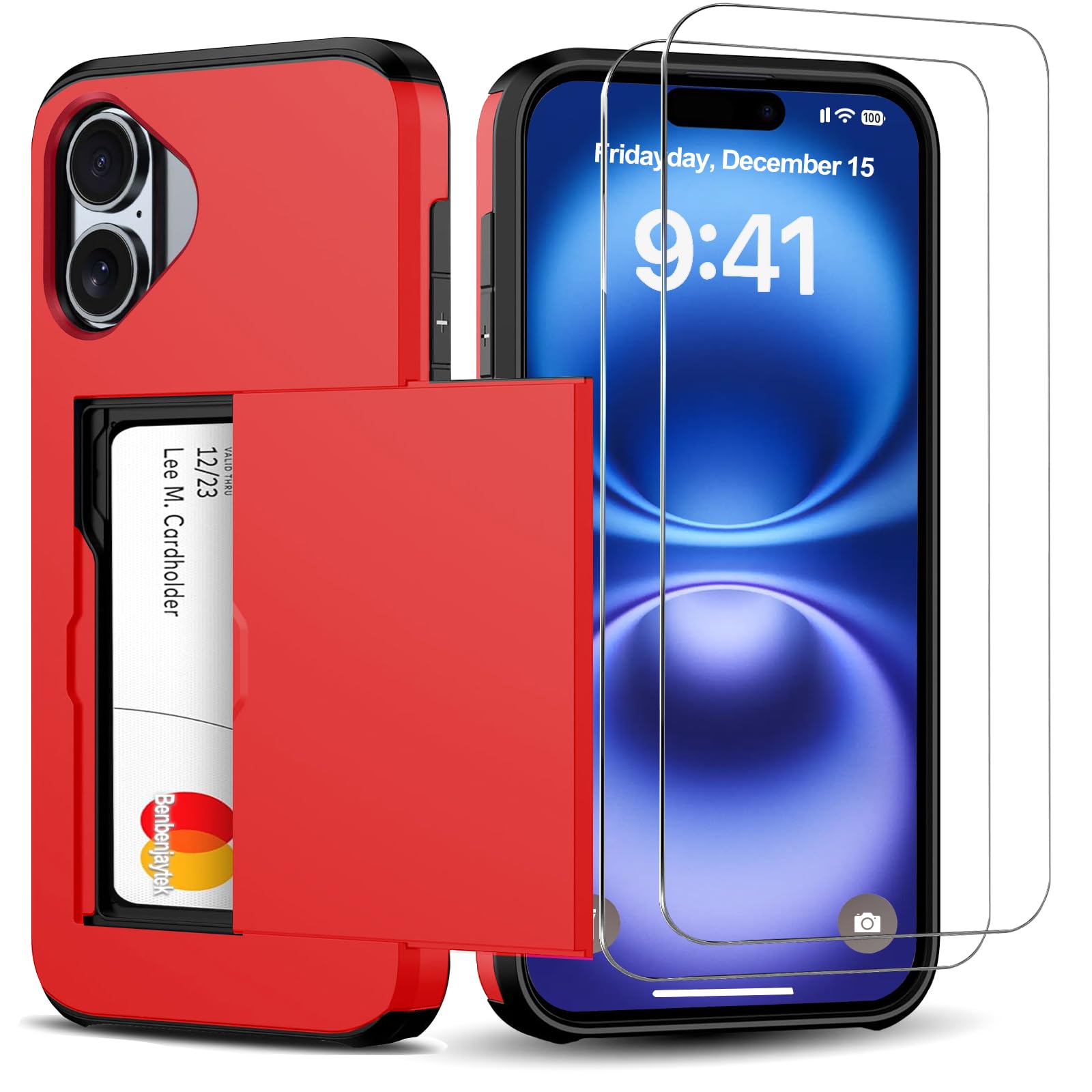 Benbenjaytek for iPhone 16 Plus Wallet Case with Card Holder + 2 Tempered Glass Screen Protector Protective Shockproof Hidden Card Slot Slim Case Women Men iPhone 16 Plus 6.7 inch 2024 (Red)