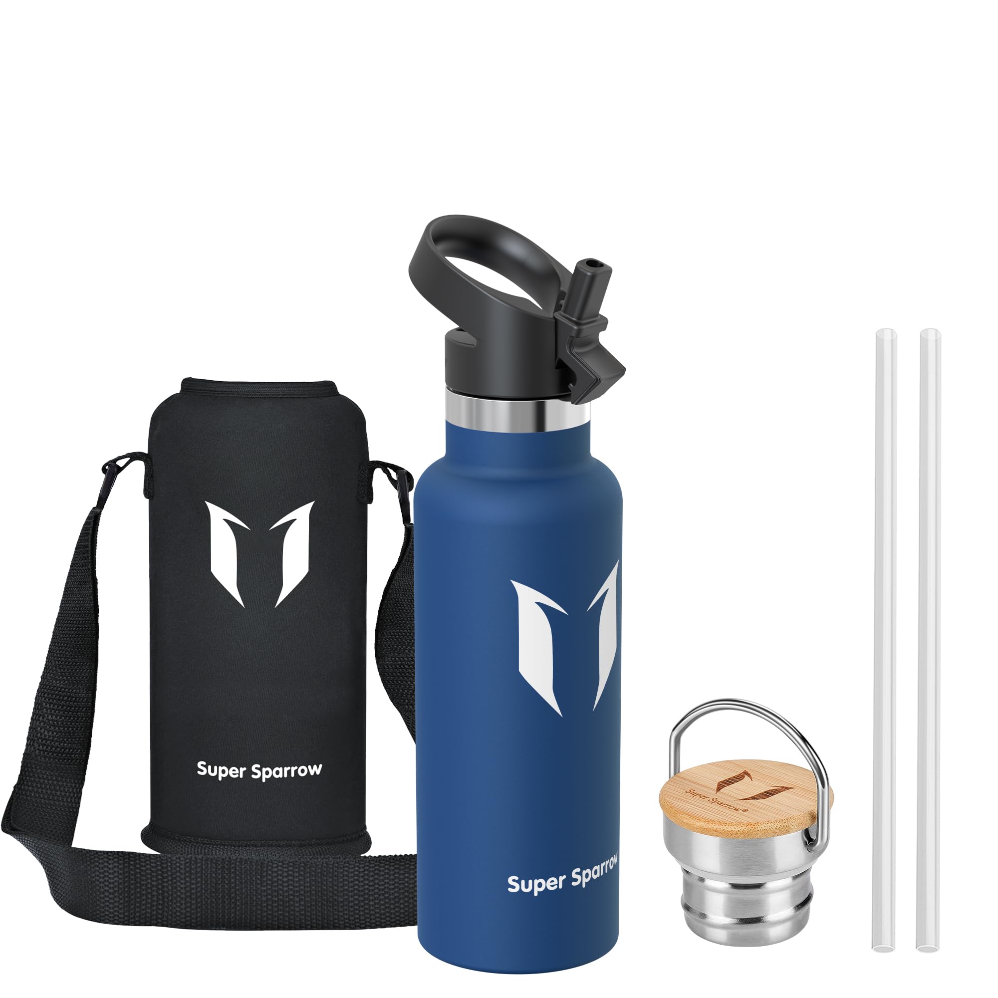 Super Sparrow Stainless Steel Water Bottle Kids - 500ml - Insulated Metal Water Bottles - Standard Mouth Flask - BPA Free - Straw Bottle for Work, Gym, Sports - 2 Lids โ image 1