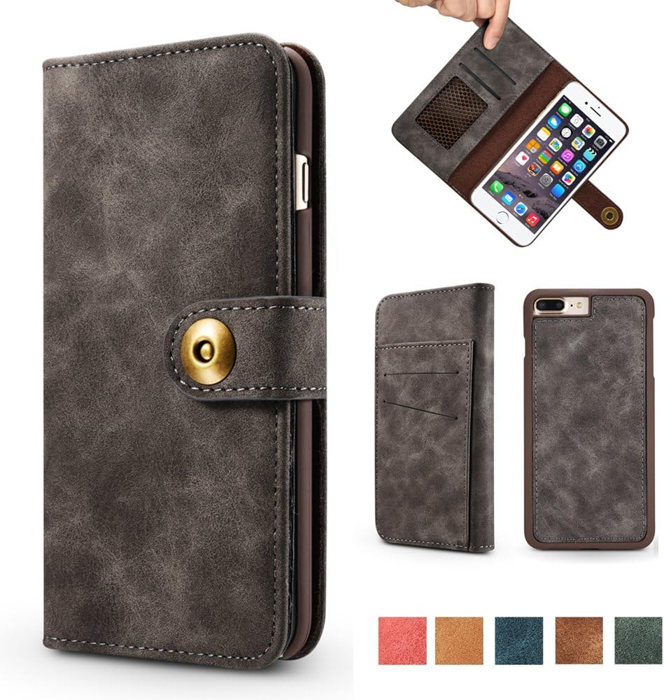 iPhone 8 Plus Case, iPhone 7 Plus Case, Vintage 2 in 1 [Magnetic Detachable] Flip Wallet PU Leather Slim Case [4 Card Holder] Slot Removable Folio Cover for iPhone 7 Plus / 8 Plus 5.5 inch - Gray