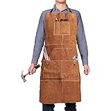 QeeLink Leather Work Shop Apron with 6 Tool Pockets Heat & Flame Resistant Heavy Duty Welding Apron, 24" x 36", Adjustable M 