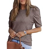 Dokotoo Women's Short Puff Sleeve Knit Tops 2025 Round Neck Hollow Out Tops Cozy Sweaters for Women