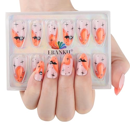 EBANKU Halloween 32Pcs Short Press On Nails French Tip Alomd Fake Nails with Cute Bats Pattern Designs Full Cover Glossy Acrylic Nails for Women