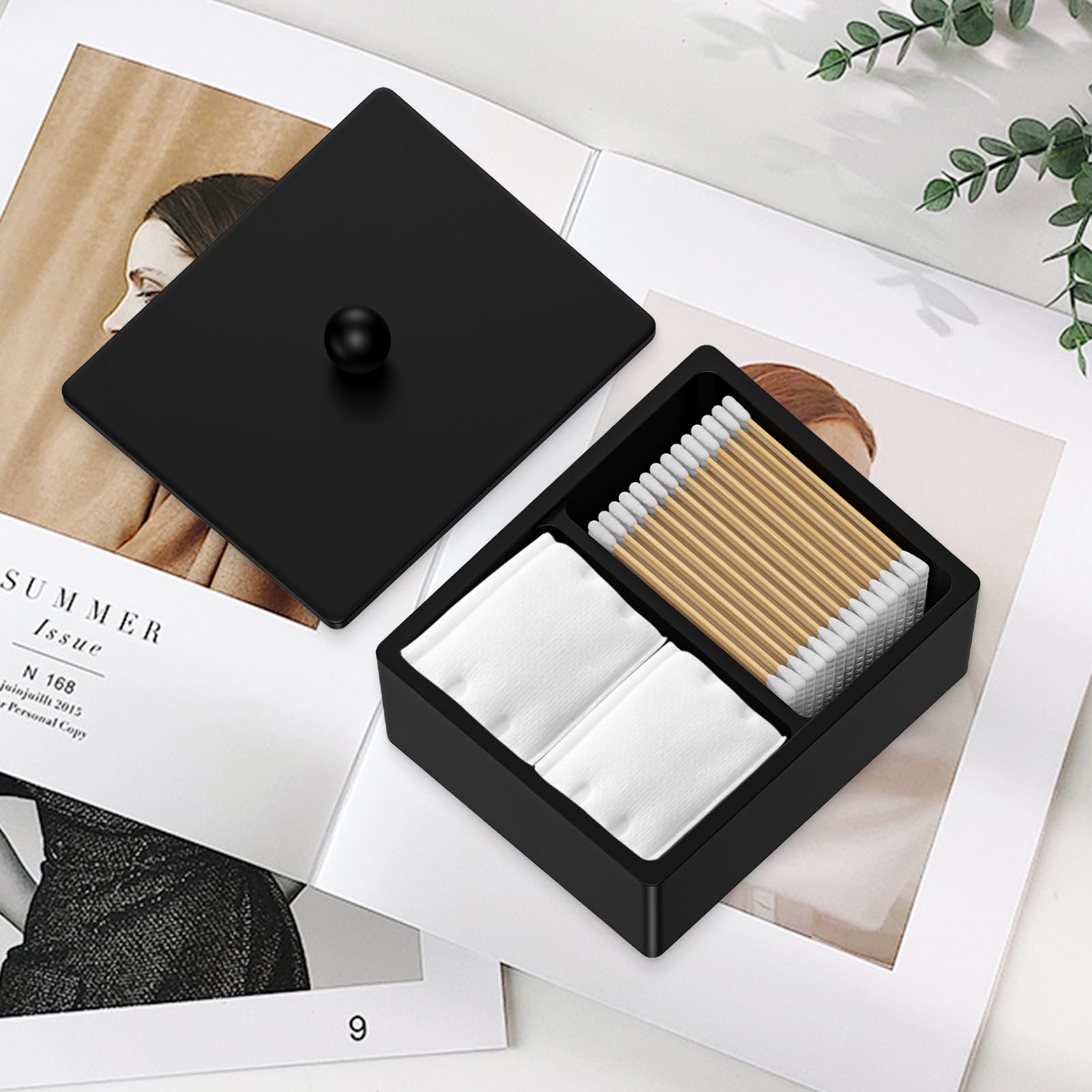 PENGARO Cotton Swab Holder, 16 OZ Cotton Buds Holder Dispenser with Lid, 2 Compartments Cotton Ball Holder, Bathroom Storage Q Tip Organizers Floss Vanity Cosmetics Tampons Holder, Black