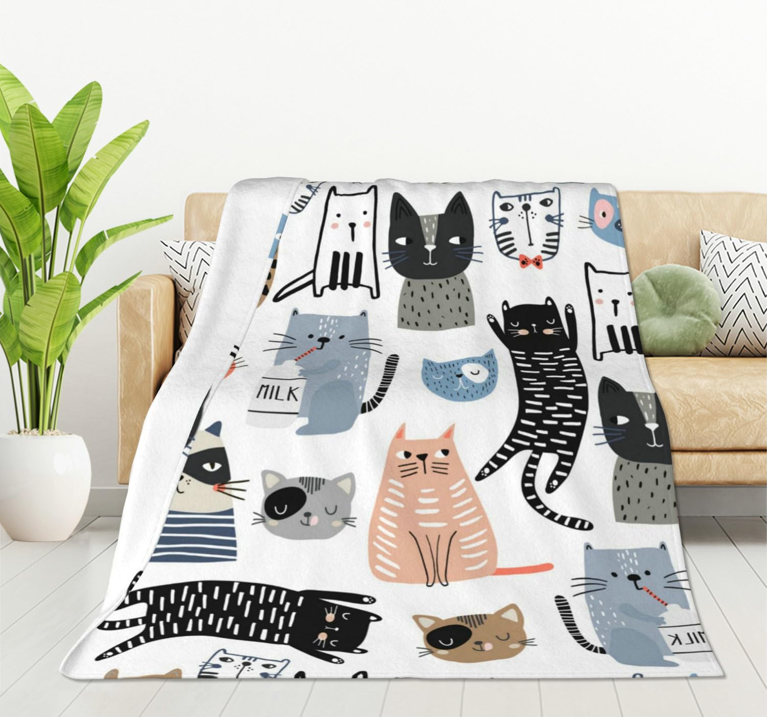 HGOD DESIGNS Cute Cats Blanket for Women, Lightweight Soft Fleece Flannel Throw Blanket Cats and Milk Bottle Sofa Couch Living Room 100x130cm