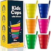 JoyServe Kids Cups - (Set of 6) - 10oz Toddler Cups with Straws for Kids - Stackable BPA-Free Plastic Sip-A-Cup Drink Tumblers for Water, Juice, Milk - Dishwasher Safe, Everyday Use, Neon Colors