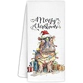 BNHJKFQZ Christmas Hippo Kitchen Hand Towels,Christmas Decorations Tea Towels Dish Rags,Gifts for Women Hippo Lovers,Xmas Kitchen Bathroom Decor,16x24 Inch