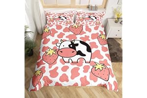 MANFEI Pink Cow Skin Print Duvet Cover Set Twin, Cartoon Cow Animal Fur Bedding Set 2pcs for Kids Teens Girls Room Decor,Strawberry Fruit Comforter Cover, Farmhouse Rustic Quilt Cover with 1 Pillowcase