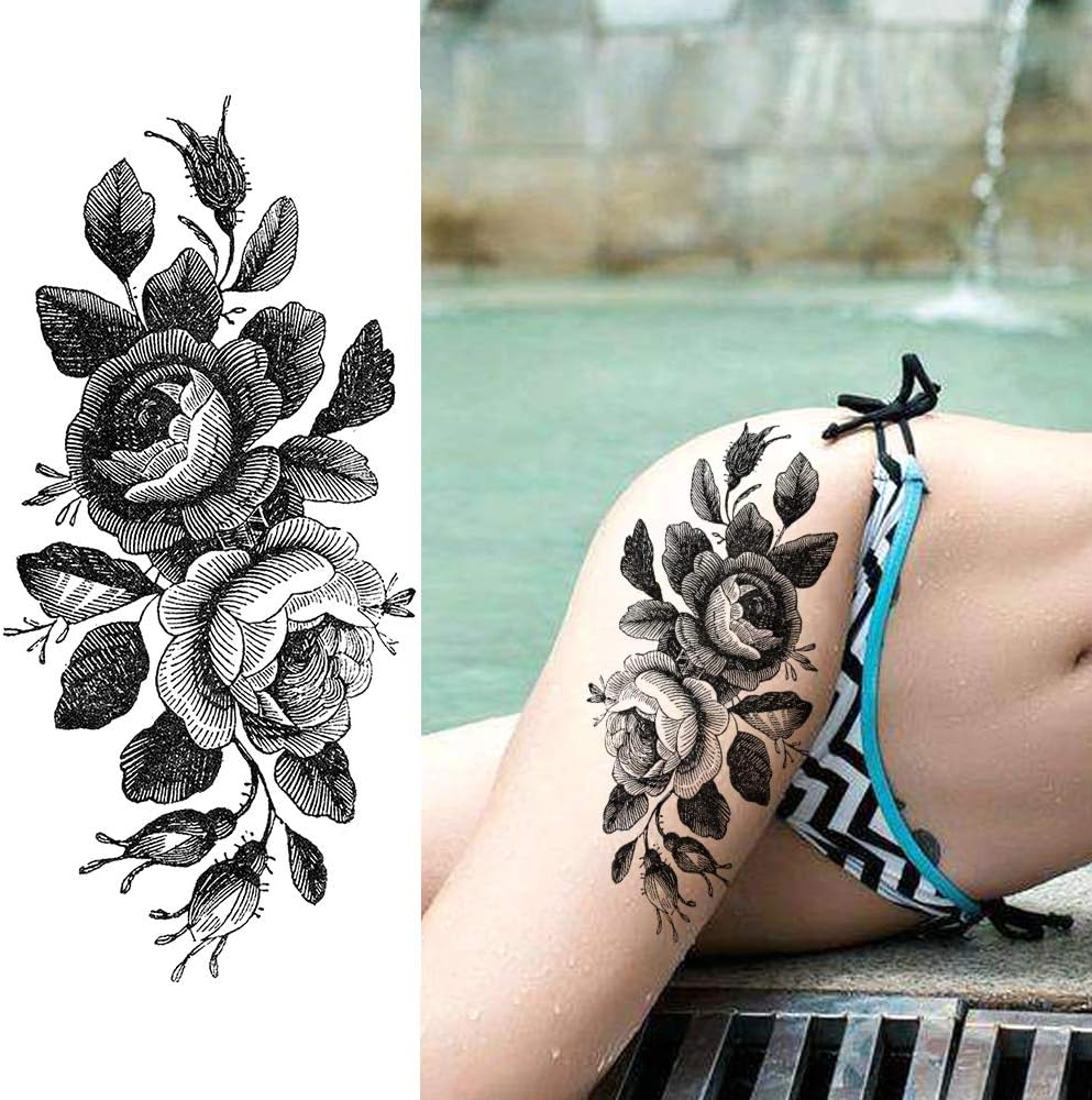 LAROI 65 Sheets Realistic Black Rose Flower Temporary Tattoos for Women 3D Tribal Snake Floral Peony Fake Tattoo Stickers Adults - Image 4