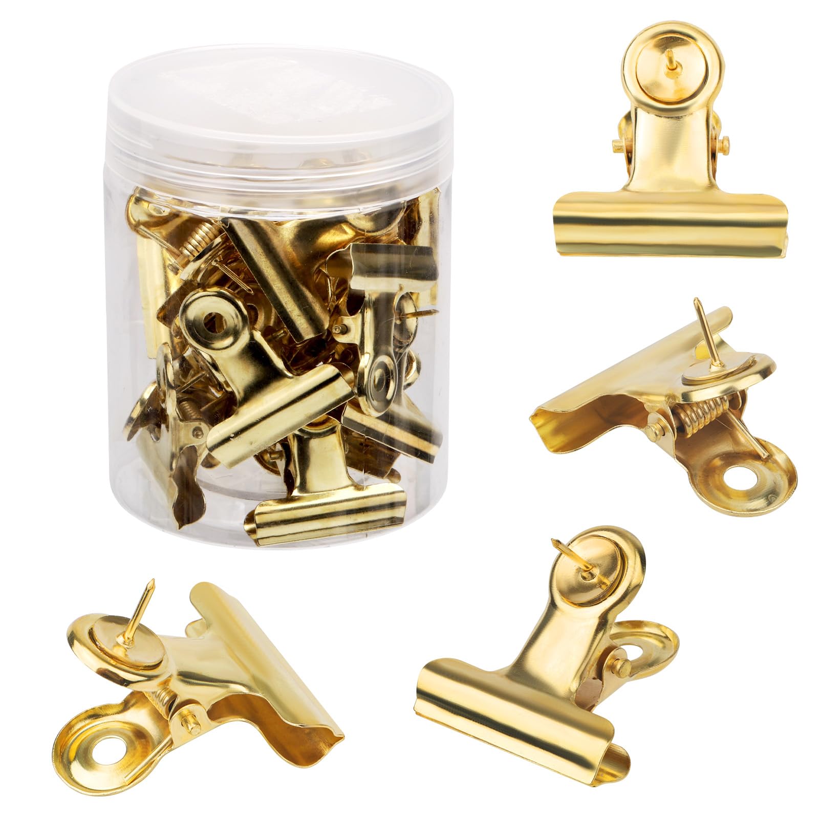 Photo 1 of 20pcs Gold Push Pins Clips, Thumb Tacks Bulldog Clips with Pins Metal Pushpin Holder Bulletin Board Cork Board Accessories for Home Office Cubicle Wall Use